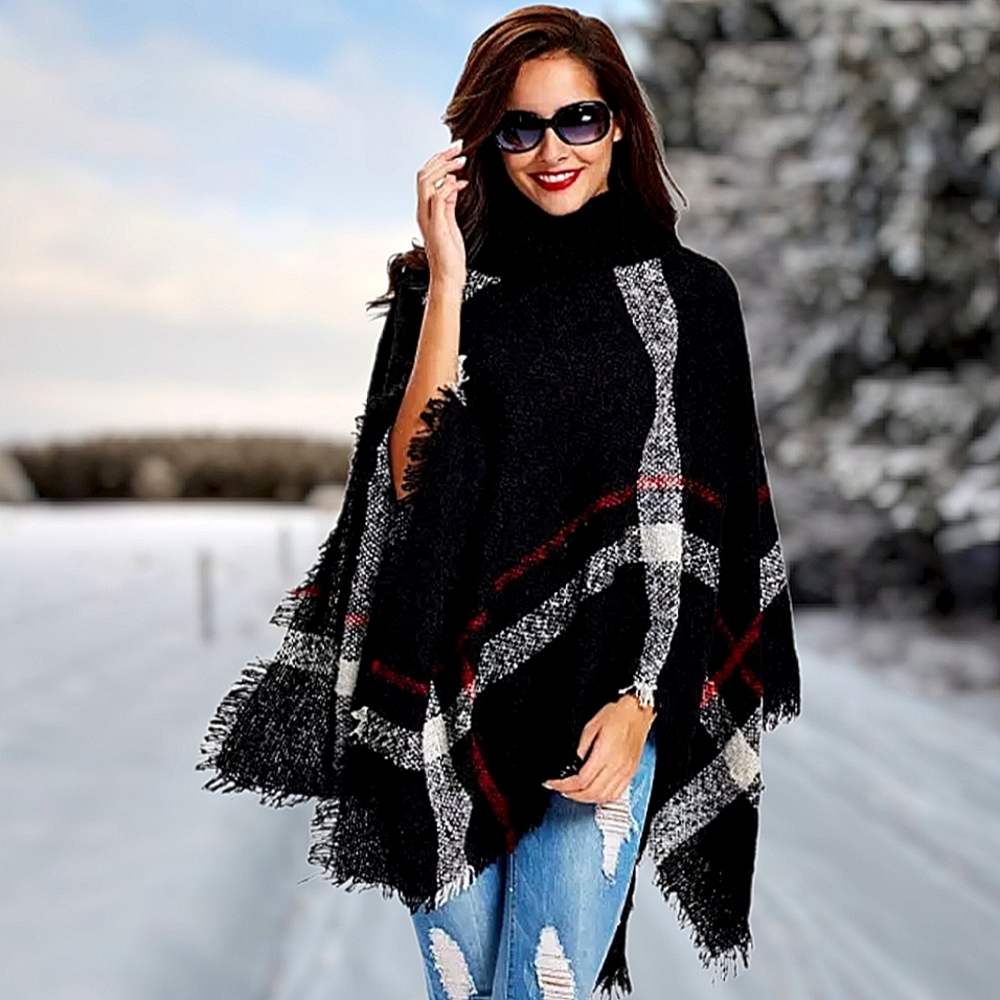 PLAID TURTLENECK PONCHO